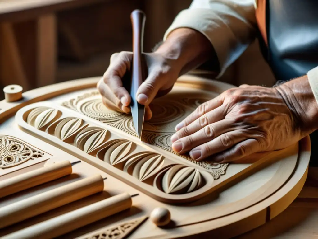 Un artesano experto ensambla cuidadosamente los intrincados componentes de una rueda de rueda, rodeado de herramientas tradicionales