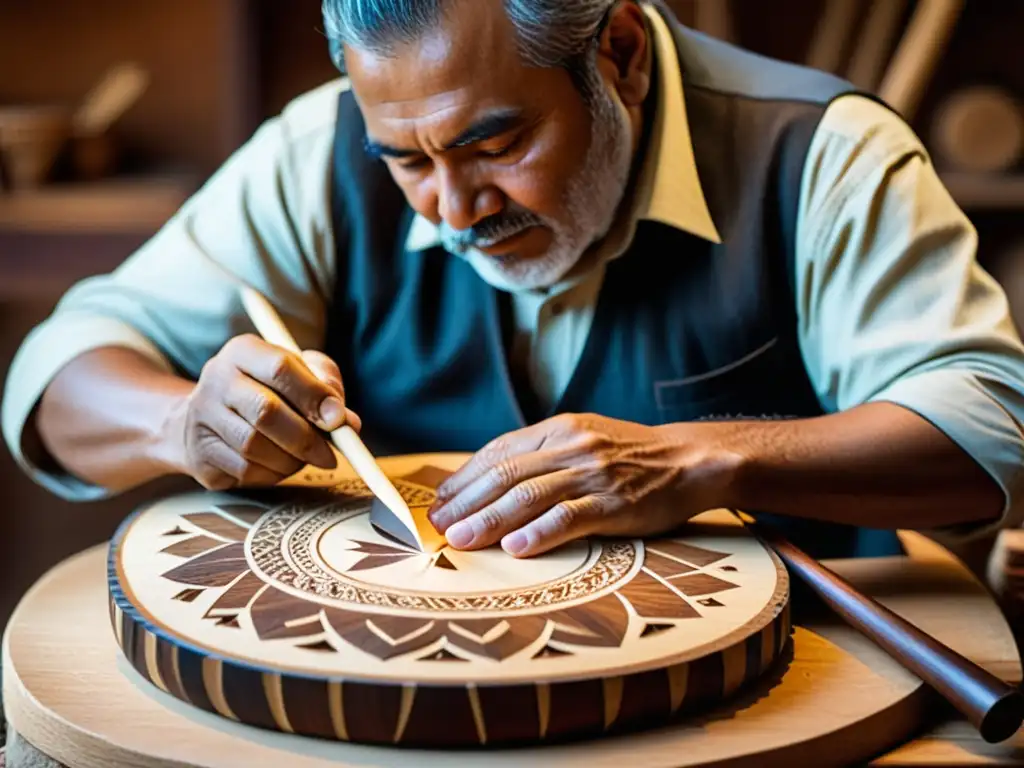 Un artesano experto preserva el legado ancestral del Saz turco, tallando delicados patrones en la madera con herramientas tradicionales