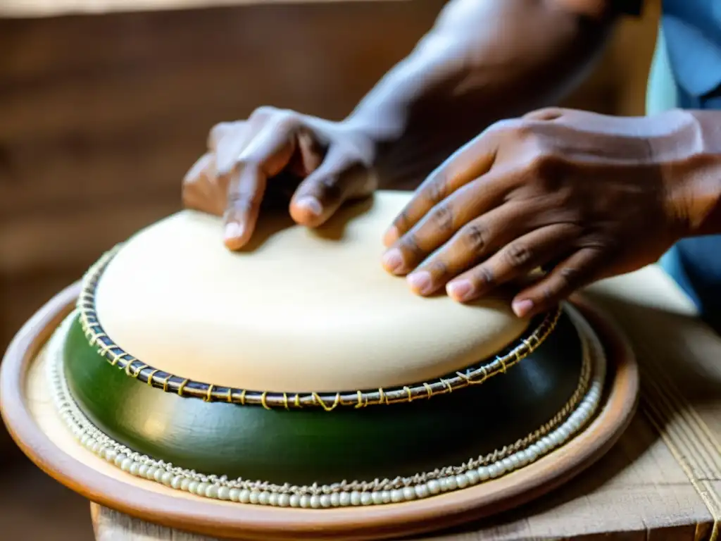 Artesano experto elaborando a mano un pandeiro brasileño, destacando la rica historia y el proceso de construcción del instrumento