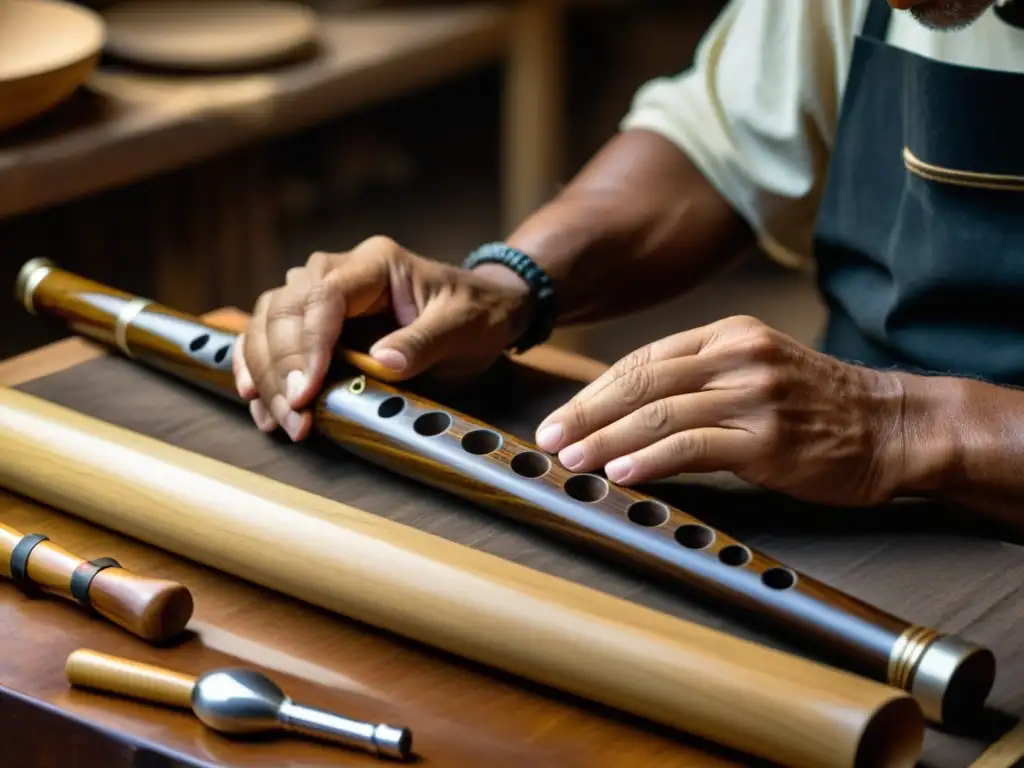 Un artesano experto elabora a mano un pífano tradicional con madera y metal, mostrando destreza y precisión