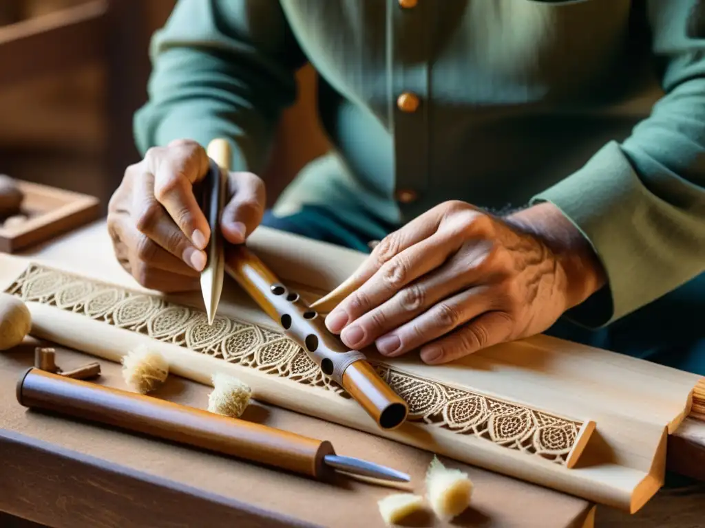 Un artesano experto tallando a mano un ney persa tradicional con herramientas intrincadas, transmitiendo la historia y construcción del ney persa