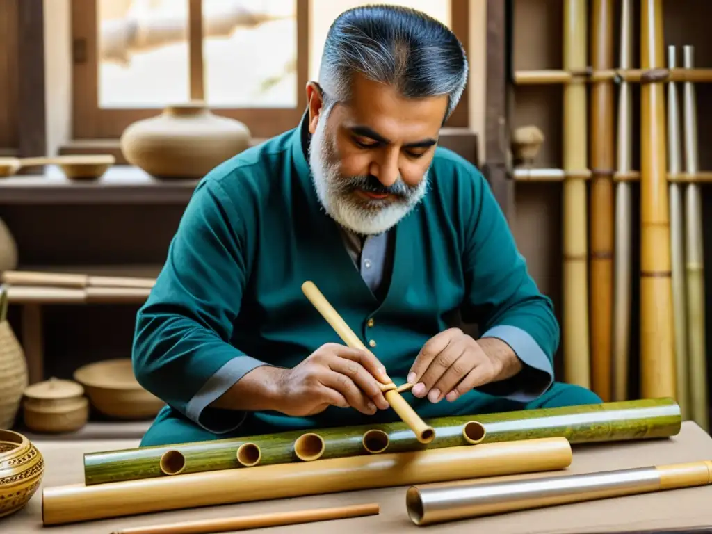 Un artesano experto crea a mano un Ney Persa tradicional con materiales naturales, destacando la rica historia y artesanía del instrumento