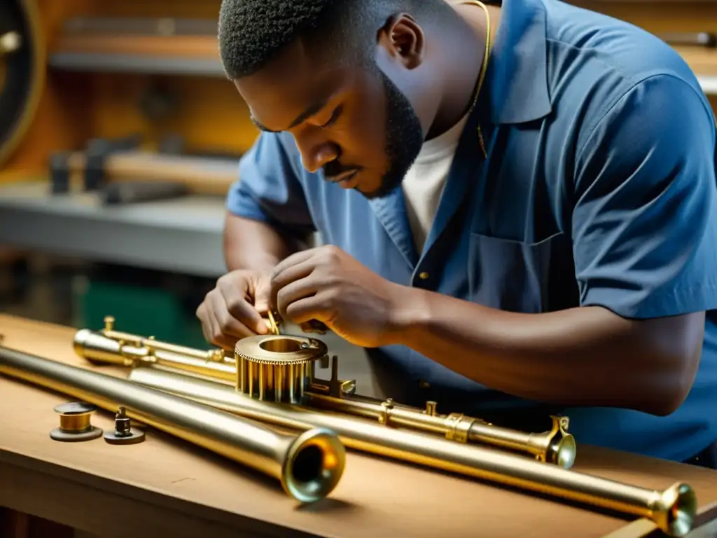 Un artesano experto ensambla con meticulosidad las complejas piezas internas de un trombón