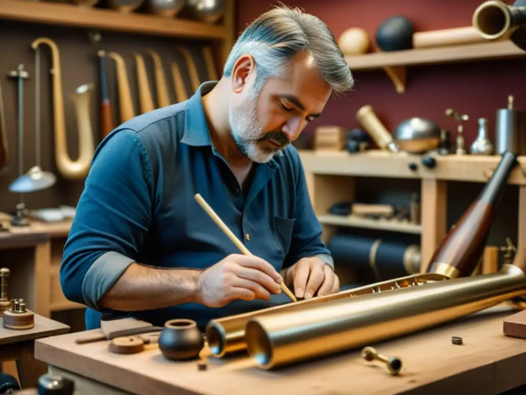 Un artesano experto crea con meticulosidad un instrumento de viento en un taller tradicional