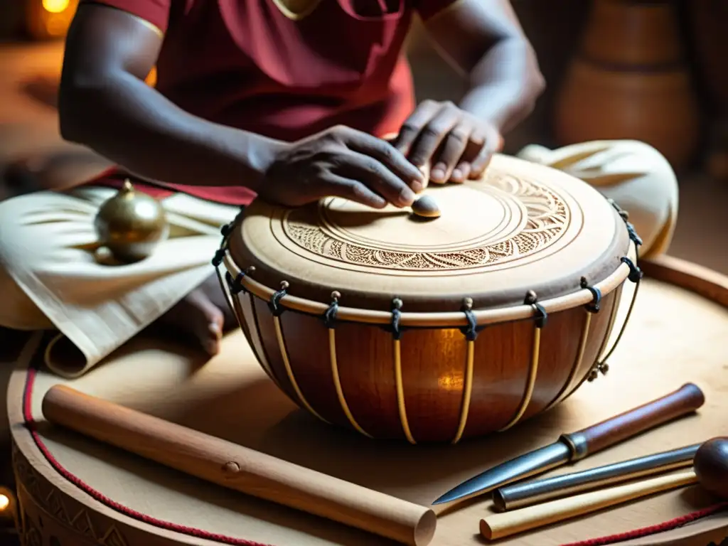 Un artesano experto crea un mridangam con intrincados detalles, mostrando la historia y construcción del mridangam