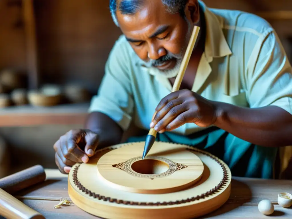 Un artesano experto preservando música, creando un instrumento tradicional con destreza y dedicación, rodeado de herramientas y detalles