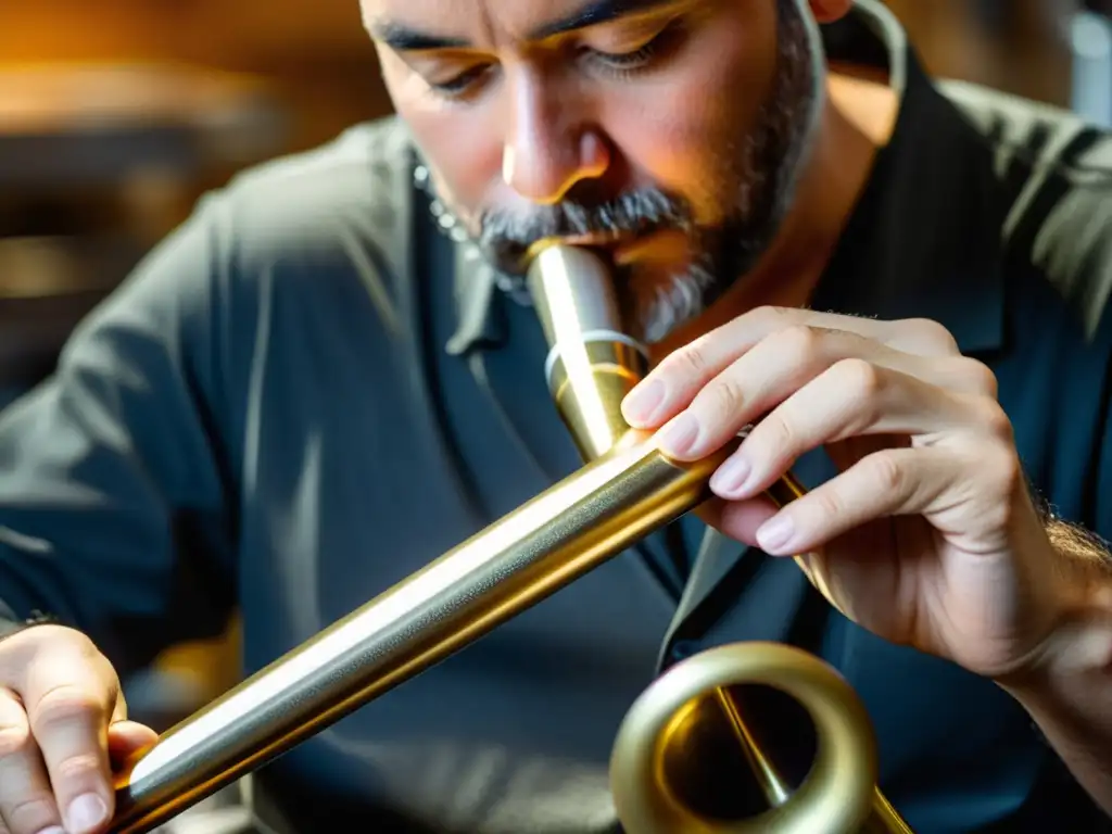 Un artesano experto modela una nueva aleación metálica para instrumentos de viento, resaltando la precisión y la artesanía