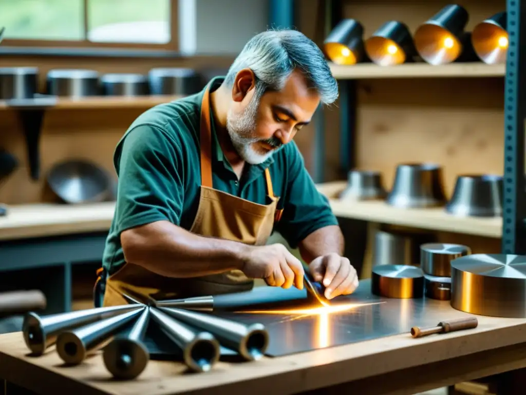 Un artesano experto crea nuevas aleaciones para instrumentos musicales, rodeado de herramientas y materiales en su taller