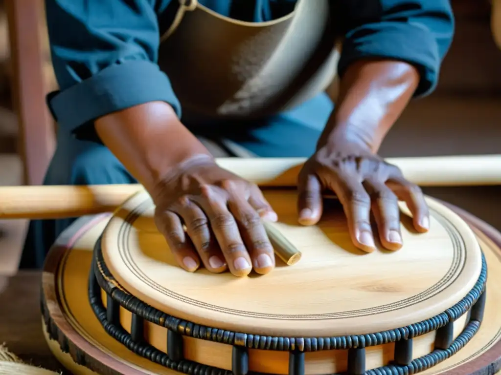 Un artesano experto construye un pandero cuadrado joropo con cuidado y destreza, resaltando su significado cultural e historia