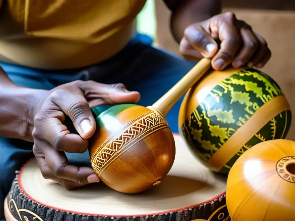 Un artesano experto elabora minuciosamente un par de maracas, resaltando la artesanía tradicional y la dedicación en su construcción