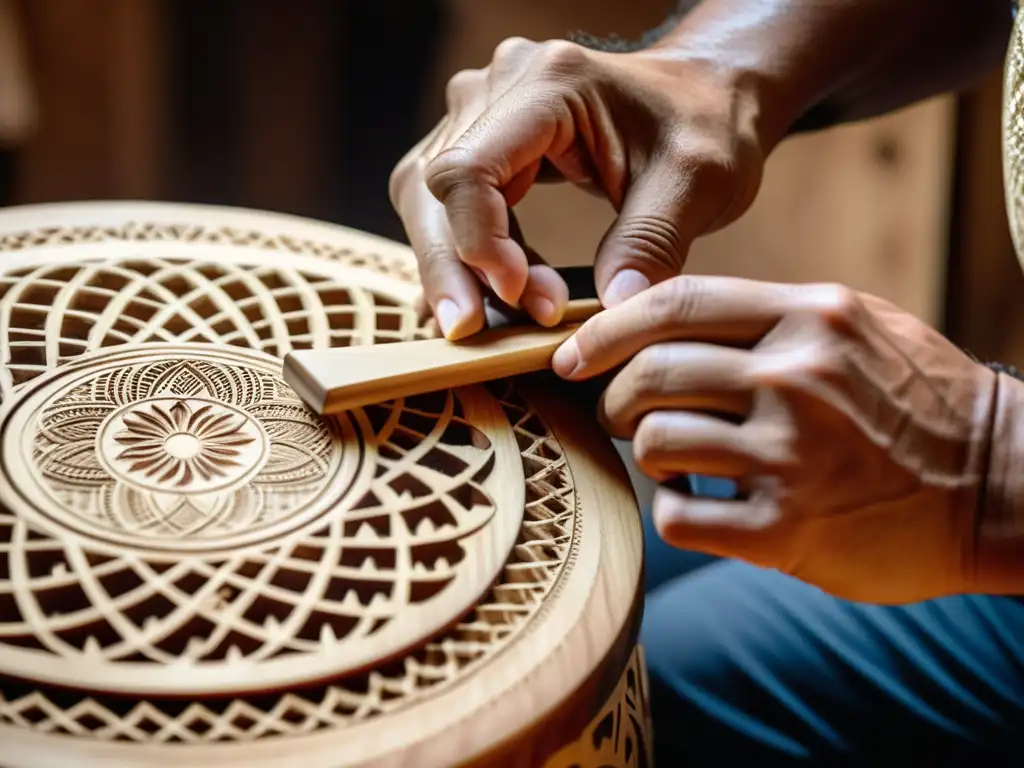 Un artesano experto talla patrones en un cajón flamenco, resaltando la precisión y dedicación en su construcción