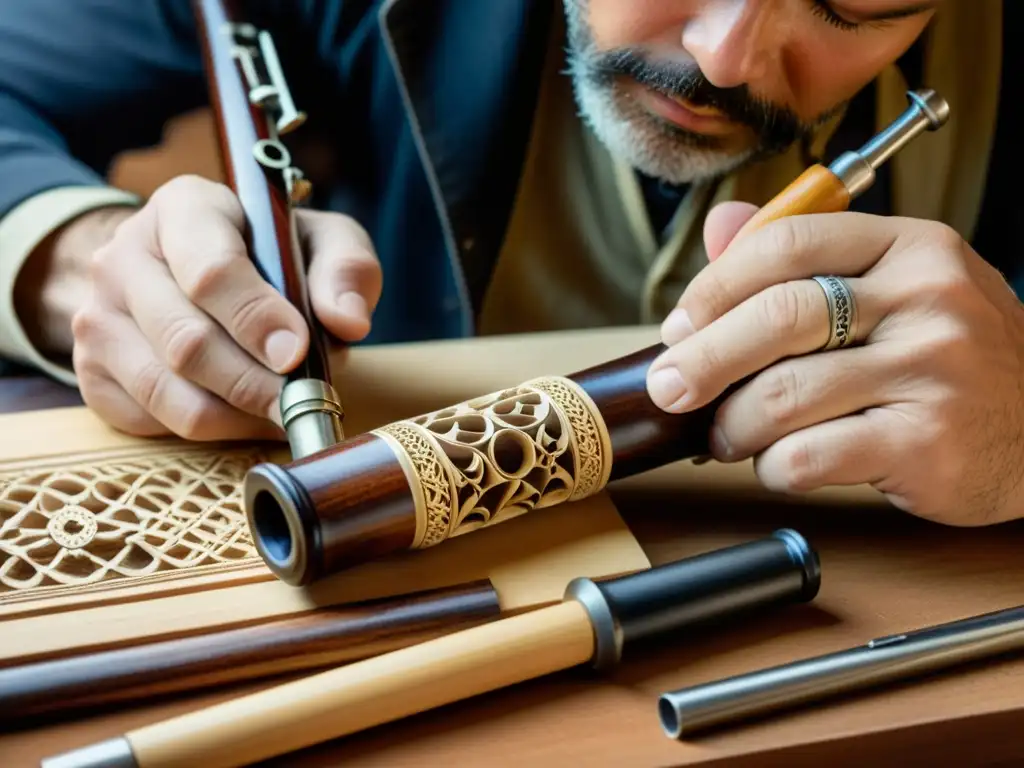 Un artesano experto talla patrones en un clarinete de madera del siglo XIX