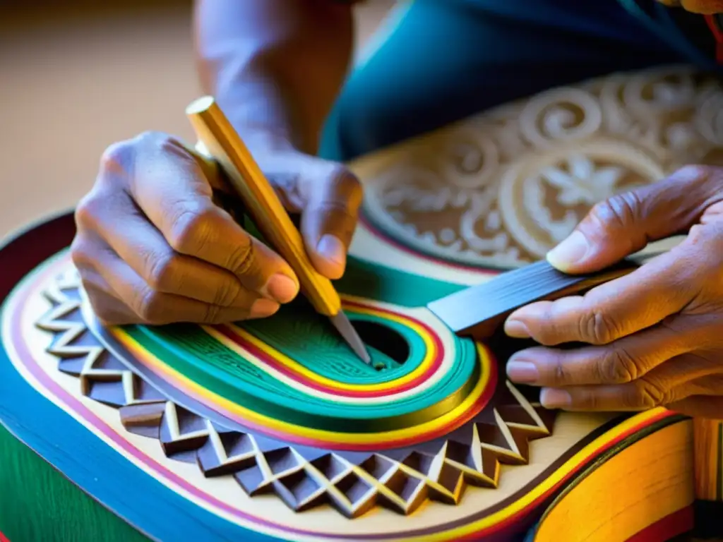 Artesano experto tallando patrones en guitarra mexicana en Festival de música tradicional Paracho, reflejando la rica herencia cultural