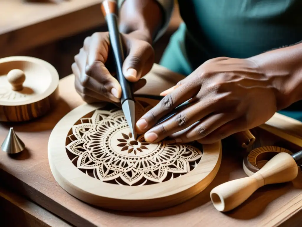 Un artesano experto talla patrones en un instrumento musical tradicional de madera, rodeado de herramientas y virutas