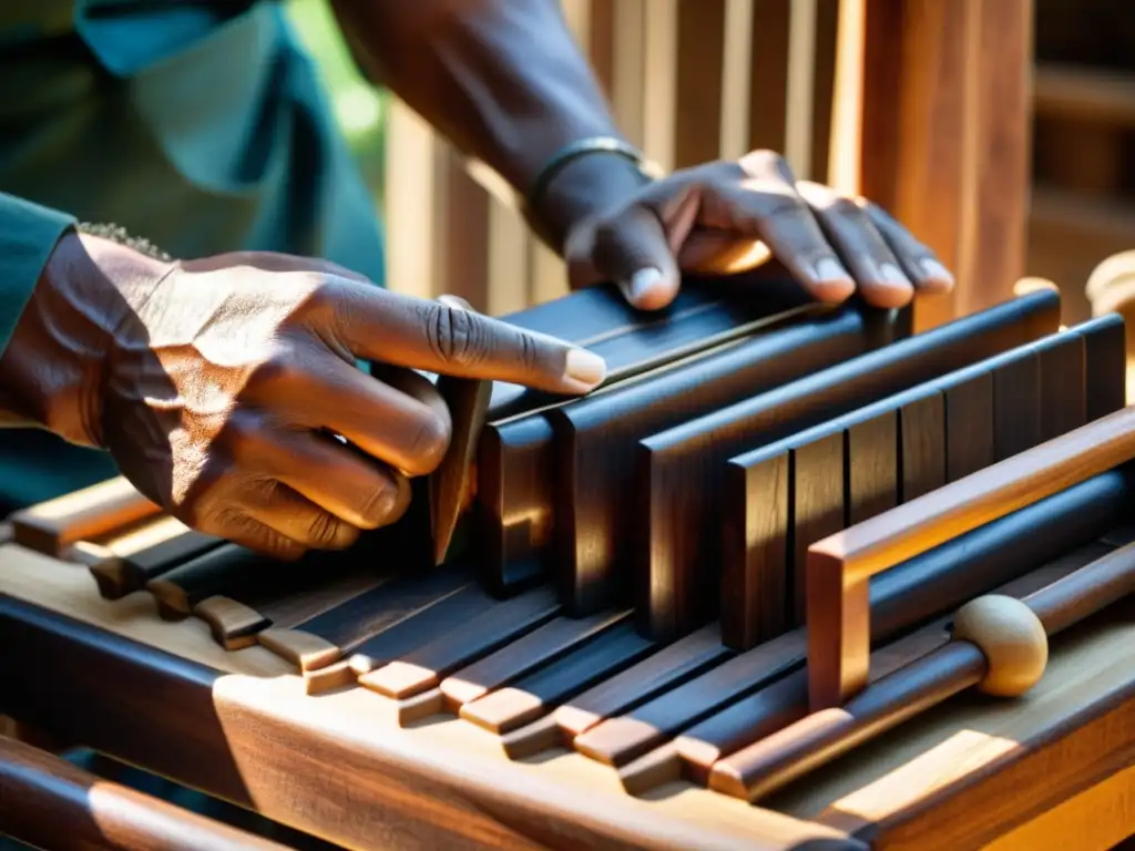 Un artesano experto talla patrones intrincados en madera oscura para una marimba, reflejando la historia de la marimba en América Latina