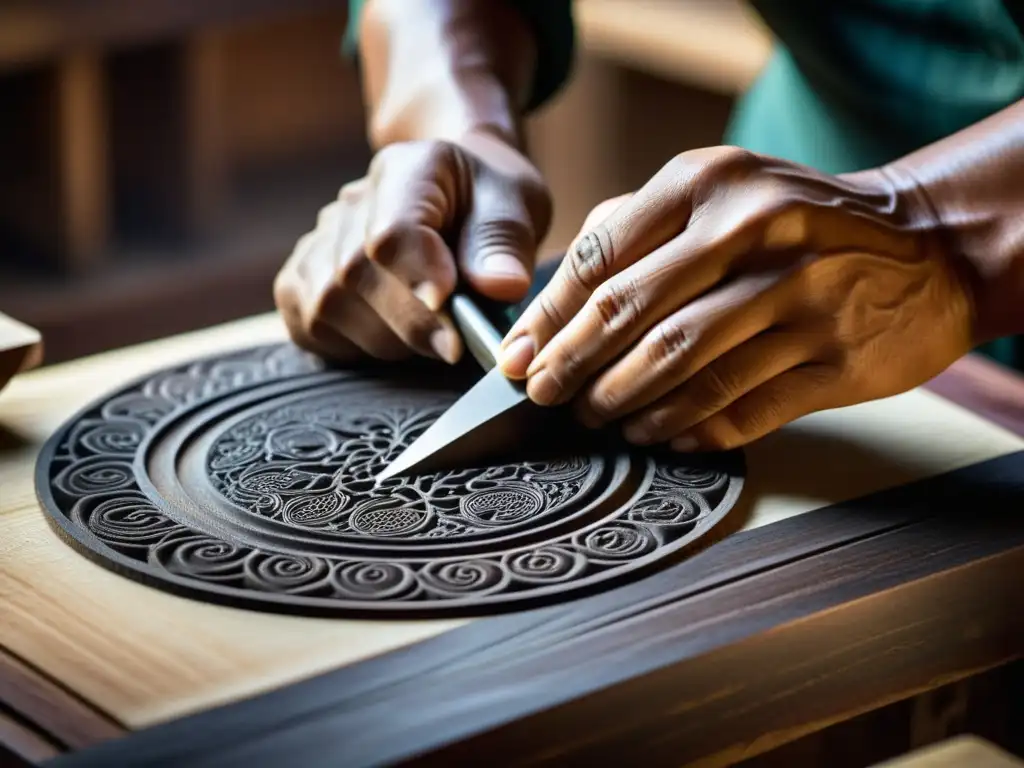 Un artesano experto talla patrones en madera oscura para un suona chino