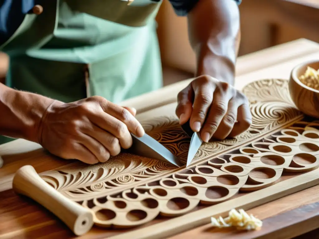 Un artesano experto talla patrones en un serpentón de madera, con destreza y dedicación