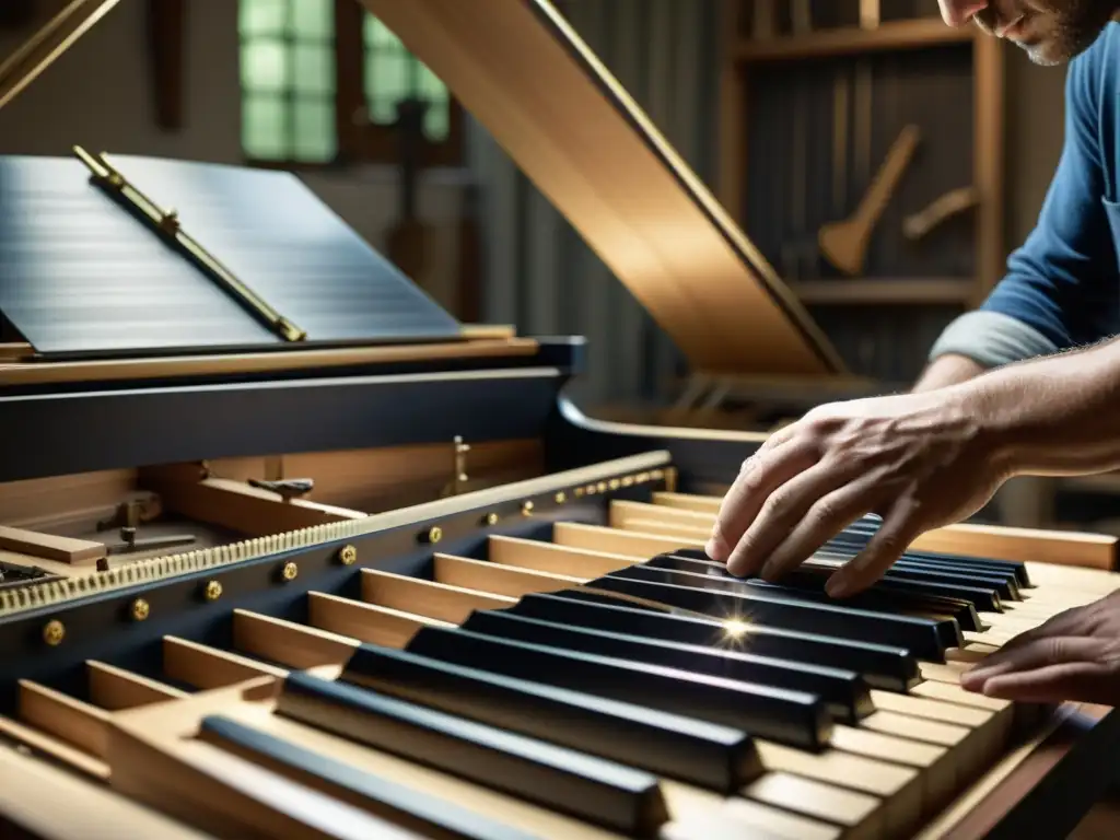 Un artesano experto construye meticulosamente un piano de cola en un taller tenue, rodeado de herramientas e intrincadas piezas de piano