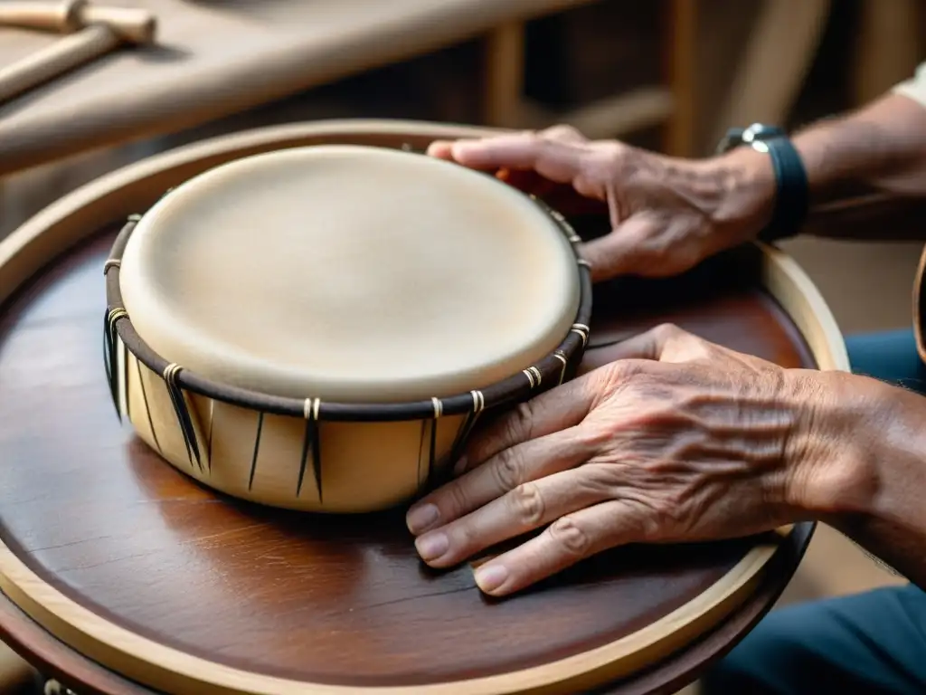 Un artesano experto estira cuidadosamente piel cruda sobre un marco de madera, demostrando las técnicas de confección de parches de percusión