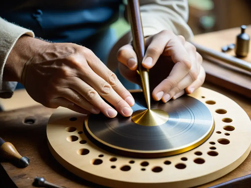 Un artesano experto restaura con precisión un antiguo instrumento musical, resaltando la restauración sonora de instrumentos musicales antiguos