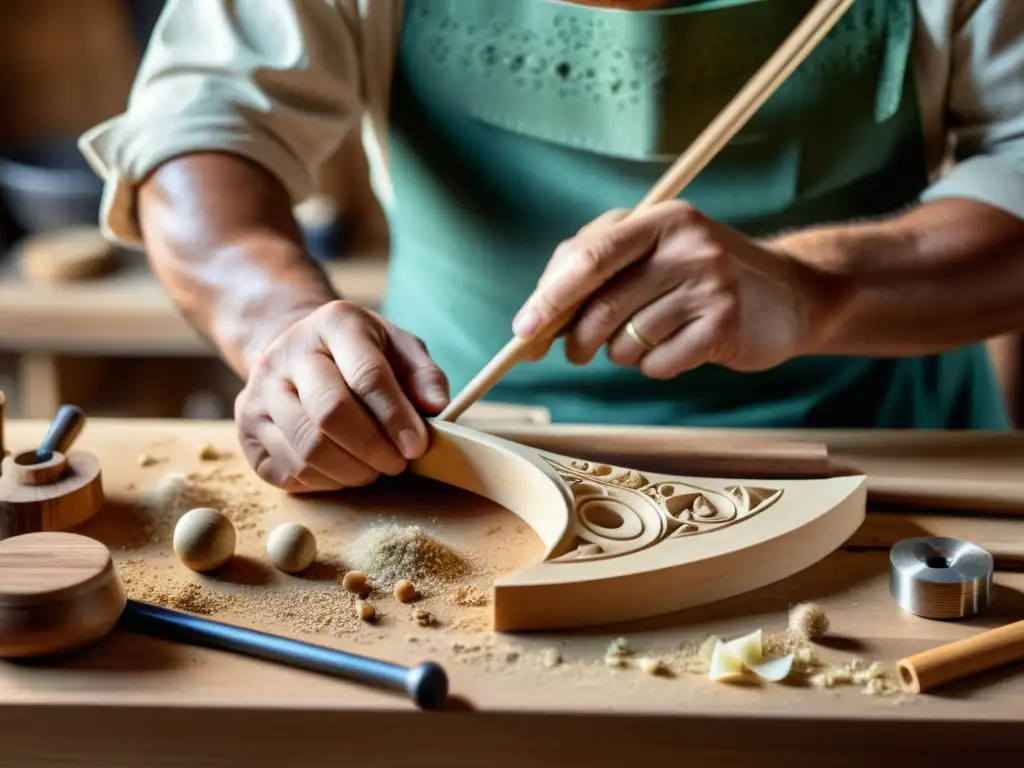 Un artesano experto esculpe con precisión un arco de madera para un instrumento de cuerda, rodeado de herramientas y materiales