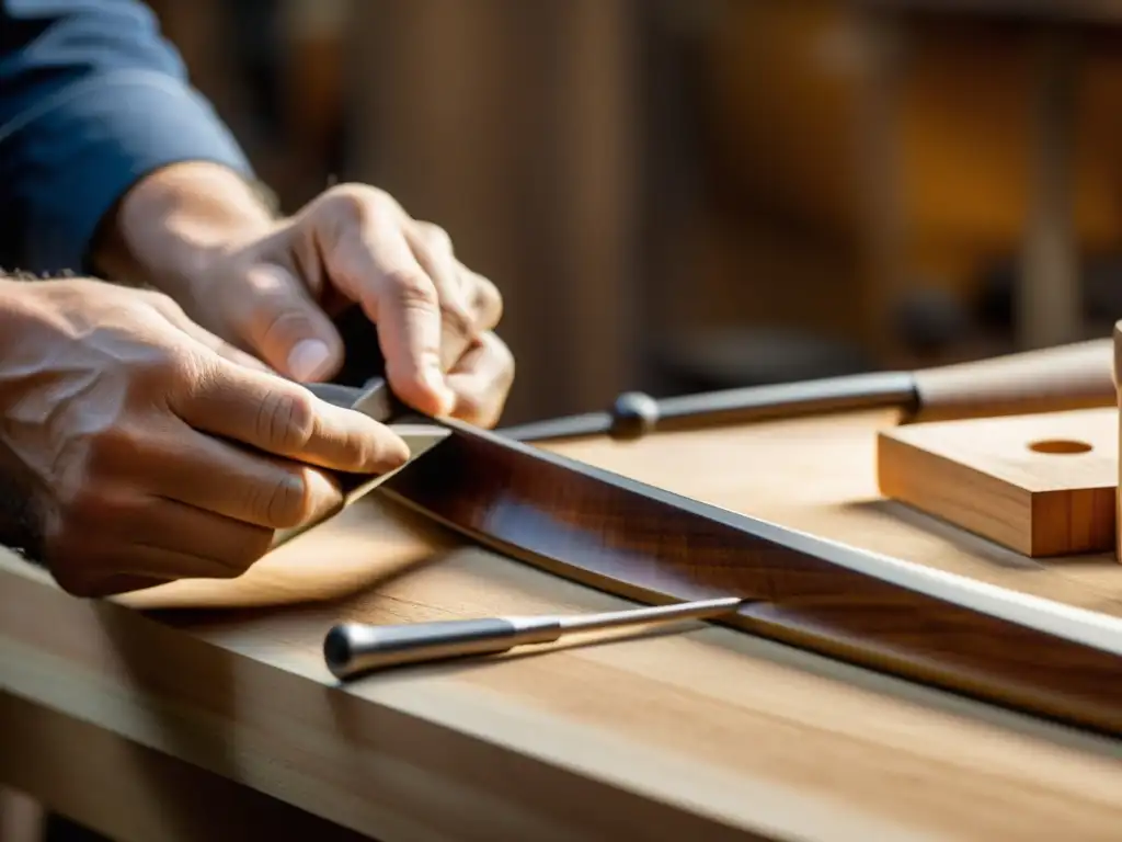 Un artesano experto moldea con precisión un arco de violín de madera de pernambuco, mostrando el arte de hacer arcos de instrumentos de cuerda