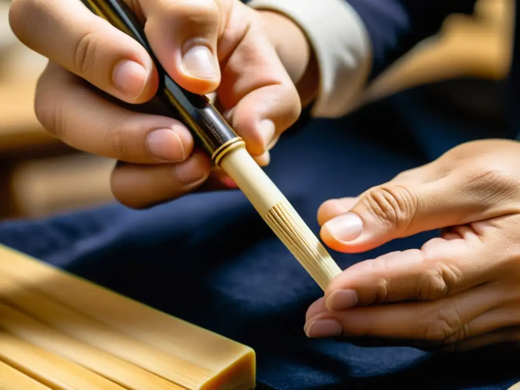 Artesano experto preparando con precisión una caña para oboe, resaltando la dedicación y destreza