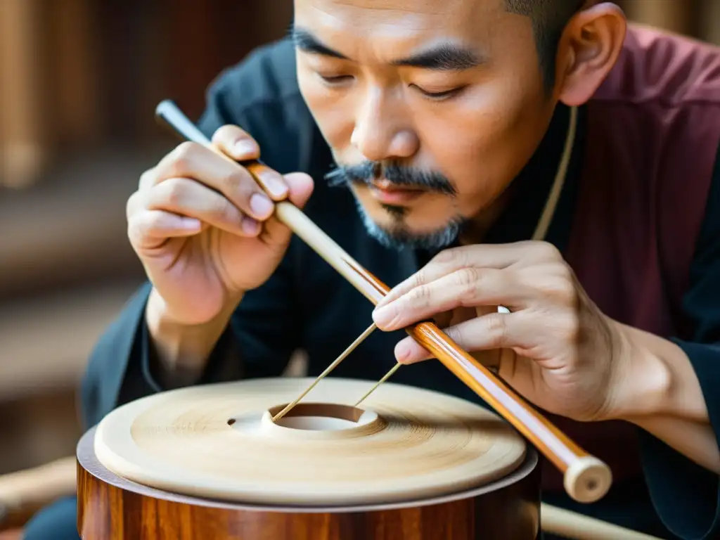 Un artesano experto esculpe con precisión el cuerpo de un erhu, resaltando la historia y construcción del erhu con maestría y devoción