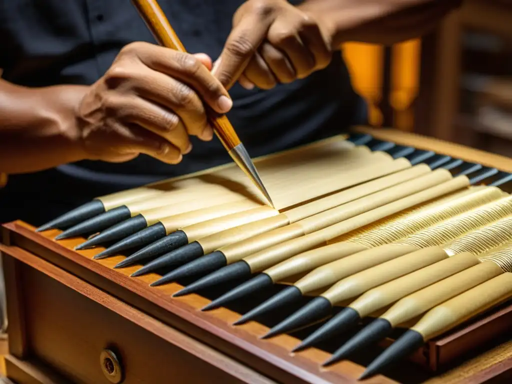 Un artesano experto ensambla con precisión las delicadas lengüetas del bandoneón, iluminado por el cálido resplandor de su taller