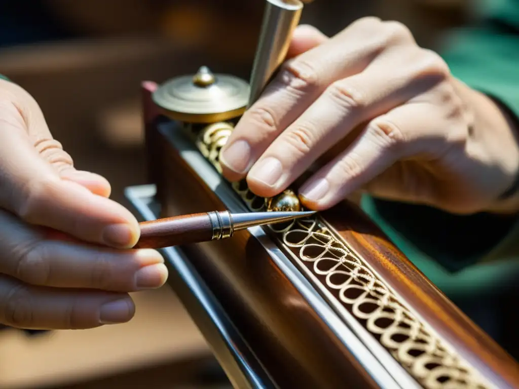 Un artesano experto tallando y ensamblando con precisión un exquisito piccolo