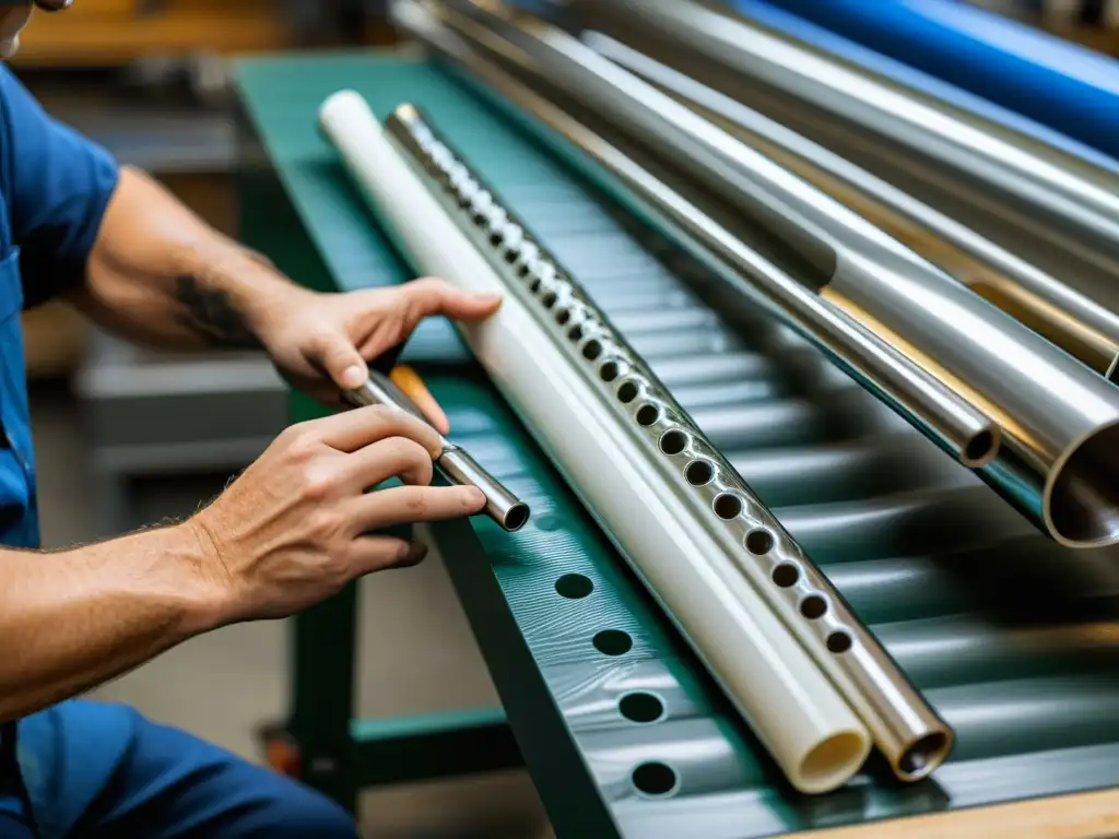 Un artesano experto moldea con precisión una flauta dulce PVC moderna en un taller, resaltando la meticulosidad de su fabricación