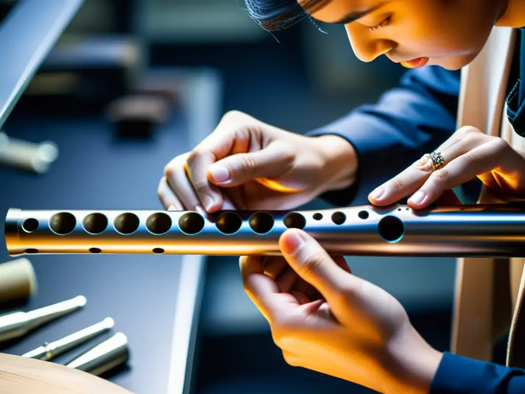 Un artesano experto crea con precisión una flauta de aleación moderna en un taller, con herramientas y materiales meticulosamente organizados