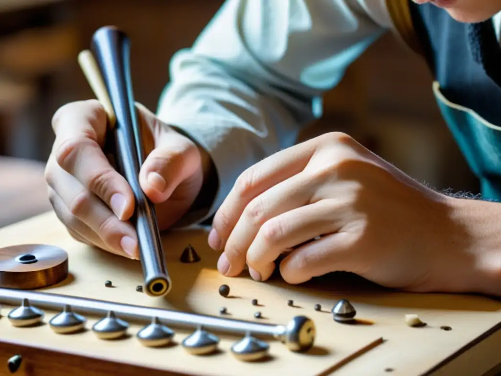 Un artesano experto restaura con precisión un instrumento musical vintage, mostrando la preservación de instrumentos musicales modernos