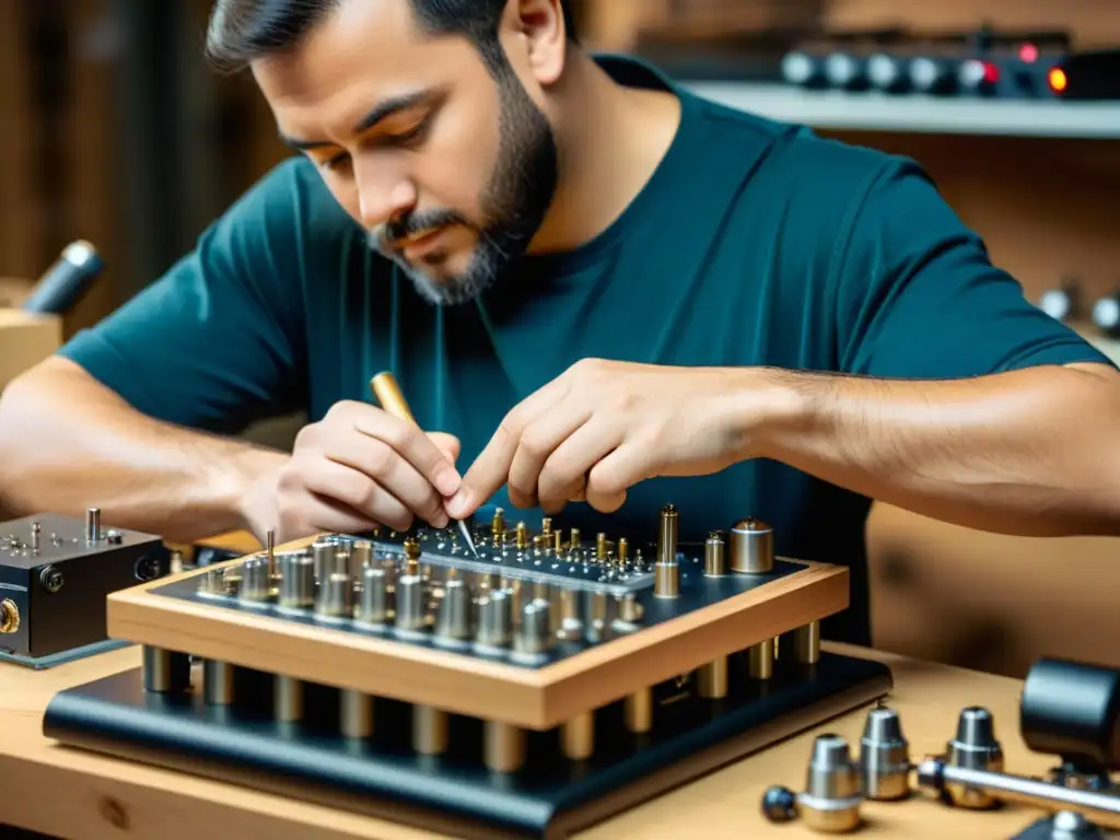 Un artesano experto ensambla con precisión un instrumento musical digital, rodeado de herramientas y componentes electrónicos en un taller