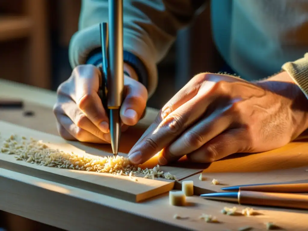 Un artesano experto tallando con precisión en madera de arce de alta calidad, en un taller cálido y tradicional