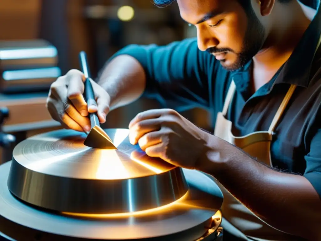 Un artesano experto moldea con precisión nuevas aleaciones para instrumentos musicales, combinando tradición e innovación en su taller