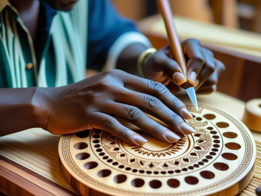 Un artesano experto esculpe con precisión la resonante caja de resonancia de madera de una kalimba, mostrando el origen y construcción de la kalimba