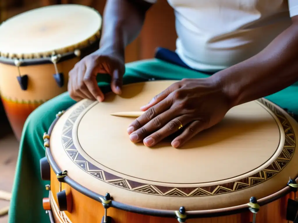 Un artesano experto moldea con precisión un surdo brasileño, resaltando la tradición y la artesanía detrás de este instrumento esencial del samba