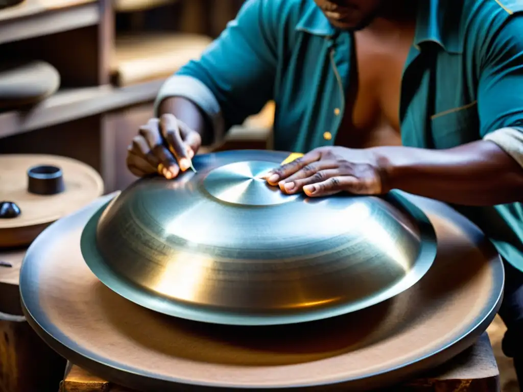 Un artesano experto ajusta con precisión una handpan en su taller, resaltando el origen y sonido de la Handpan