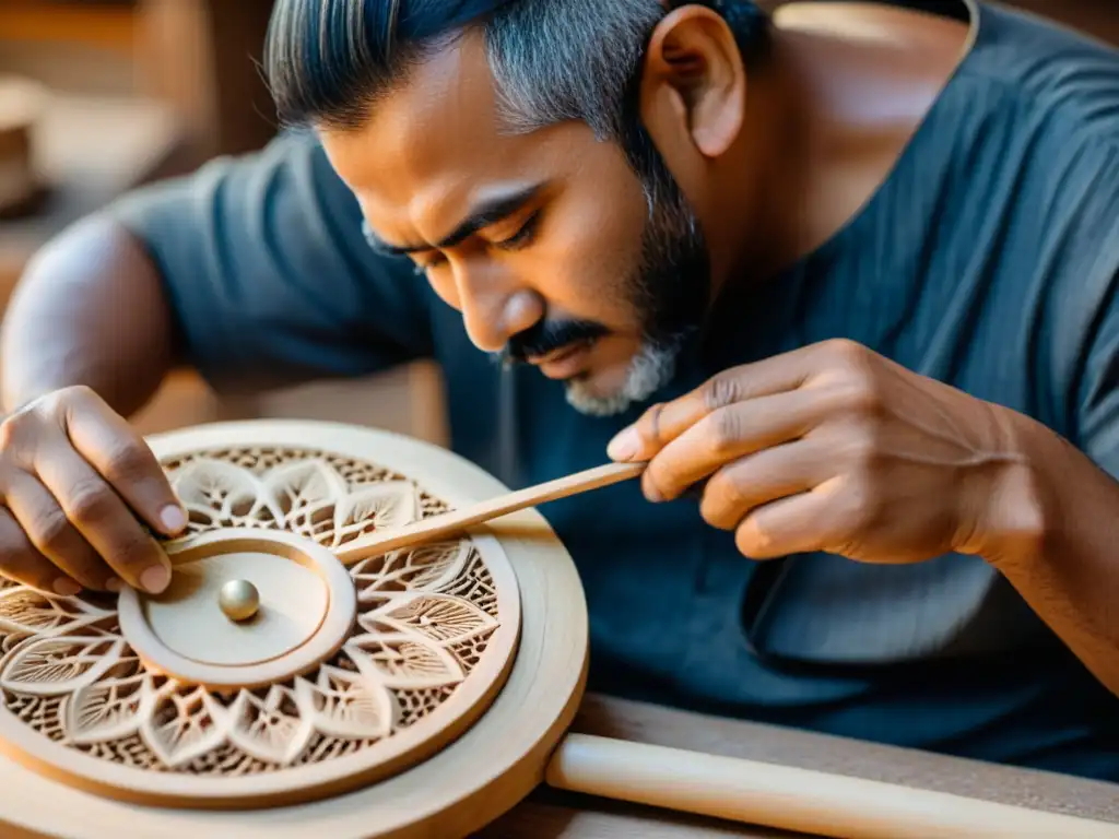 Un artesano experto en la fabricación de un rebab, con detalles intrincados, cuerdas delicadas y concentración intensa