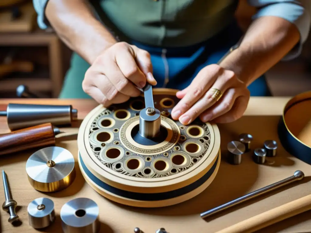 Un artesano experto en el renacimiento de instrumentos análogos digitales, trabajando meticulosamente rodeado de herramientas vintage