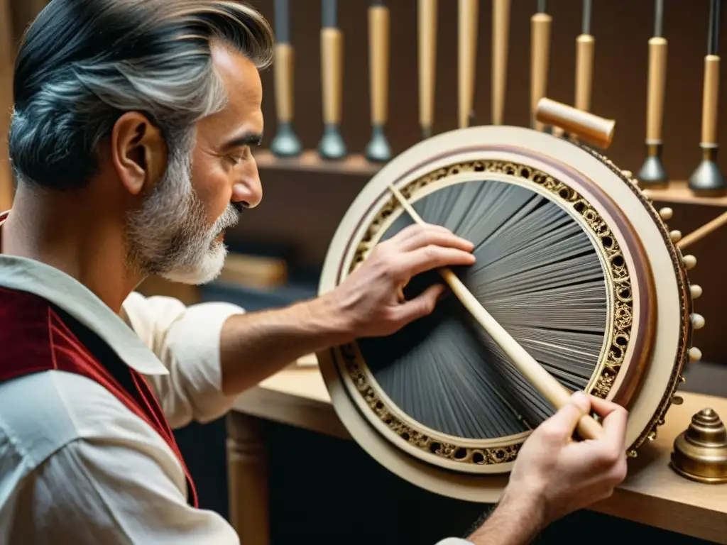 Un artesano experto realiza la restauración digital de instrumentos musicales antiguos, fusionando tradición y tecnología con maestría