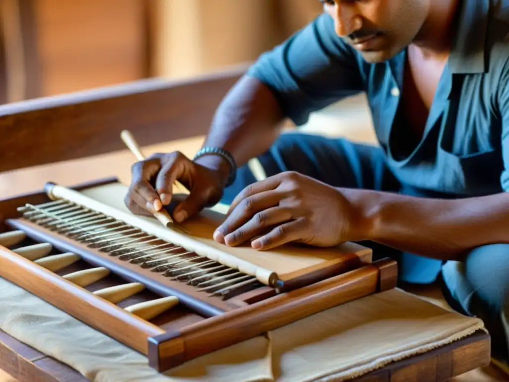 Un artesano experto crea un Santoor indio, mostrando destreza y atención a los detalles