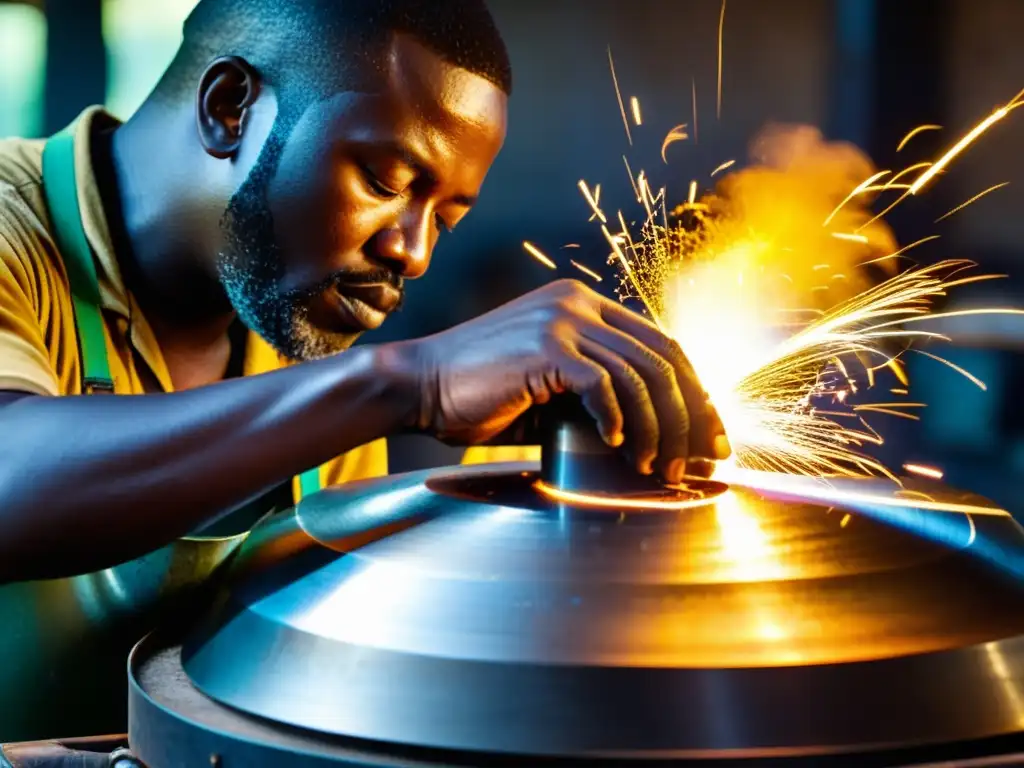 Un artesano experto moldea con precisión el steelpan, con chispas volando mientras suelda, destacando la historia y sonido del steelpan