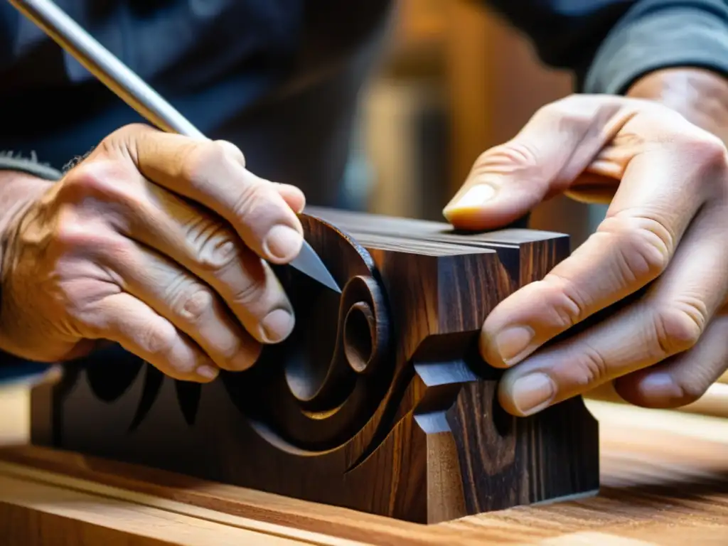 Un artesano experto talla con cuidado una pieza de madera oscura para un tubo de órgano