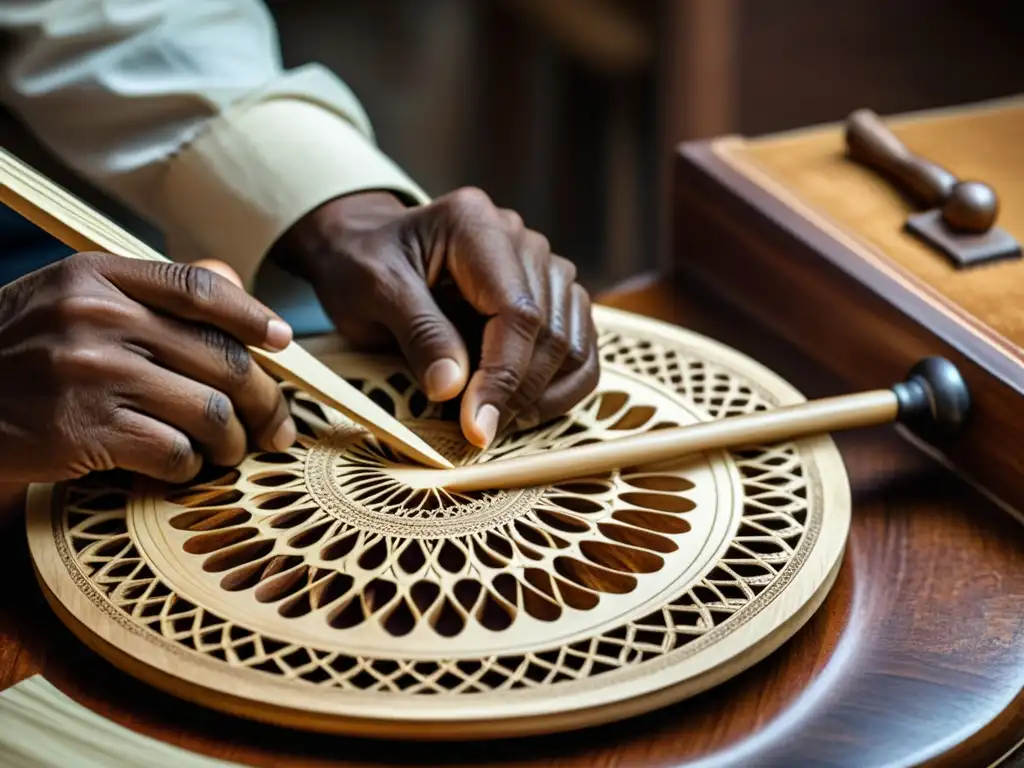 Un artesano experto talla con cuidado un rebab, mostrando la rica historia y la artesanía detrás de este instrumento cultural