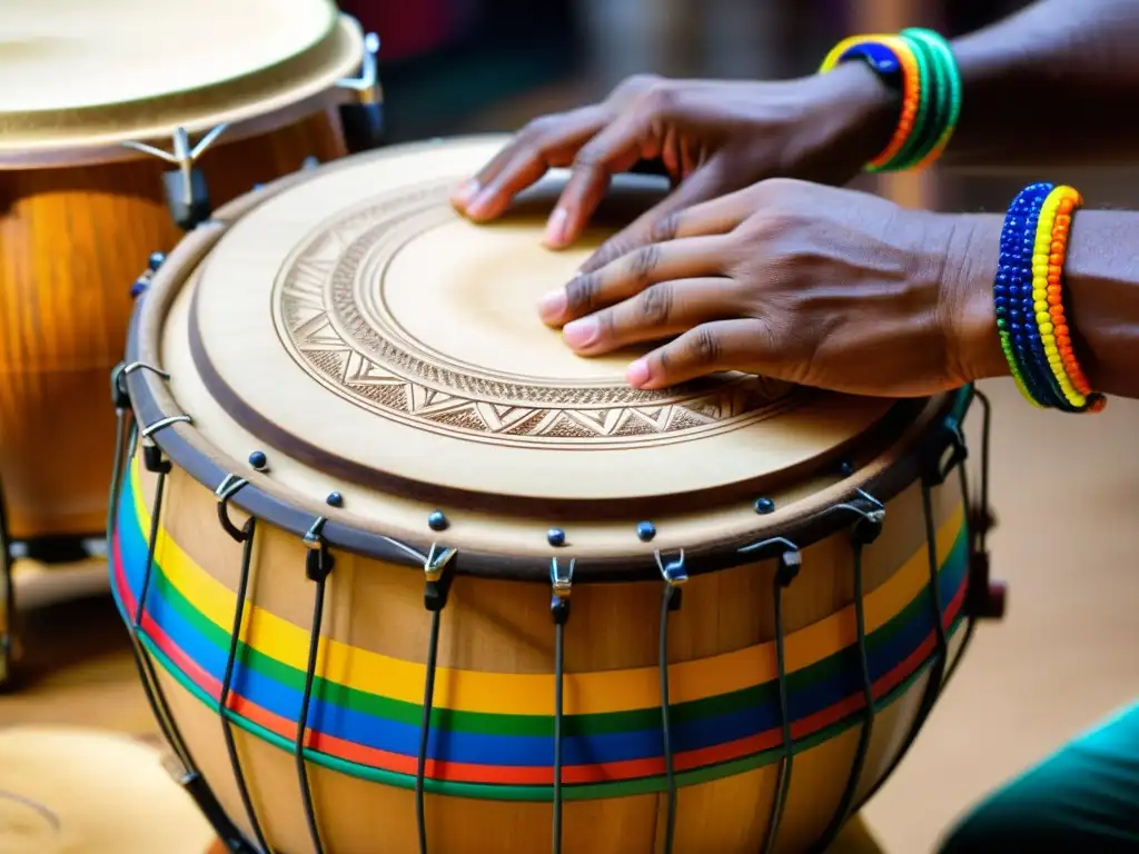 Un artesano experto talla con cuidado un surdo de segunda, mostrando la historia y construcción del surdo con maestría y arte en sus manos adornadas