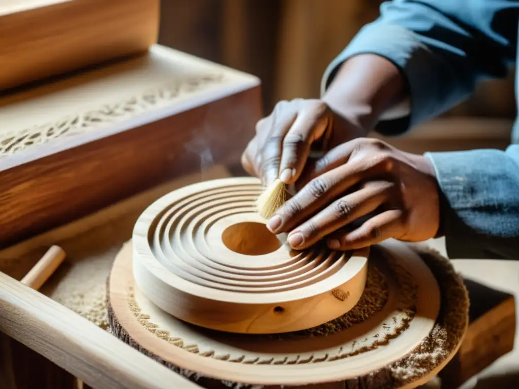 Un artesano experto talla con cuidado un instrumento musical sostenible, resaltando la artesanía tradicional y la sostenibilidad