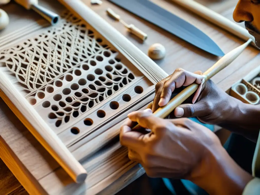 Un artesano experto talla con cuidado un aerófono de madera, mostrando el impacto cultural y la destreza en la construcción