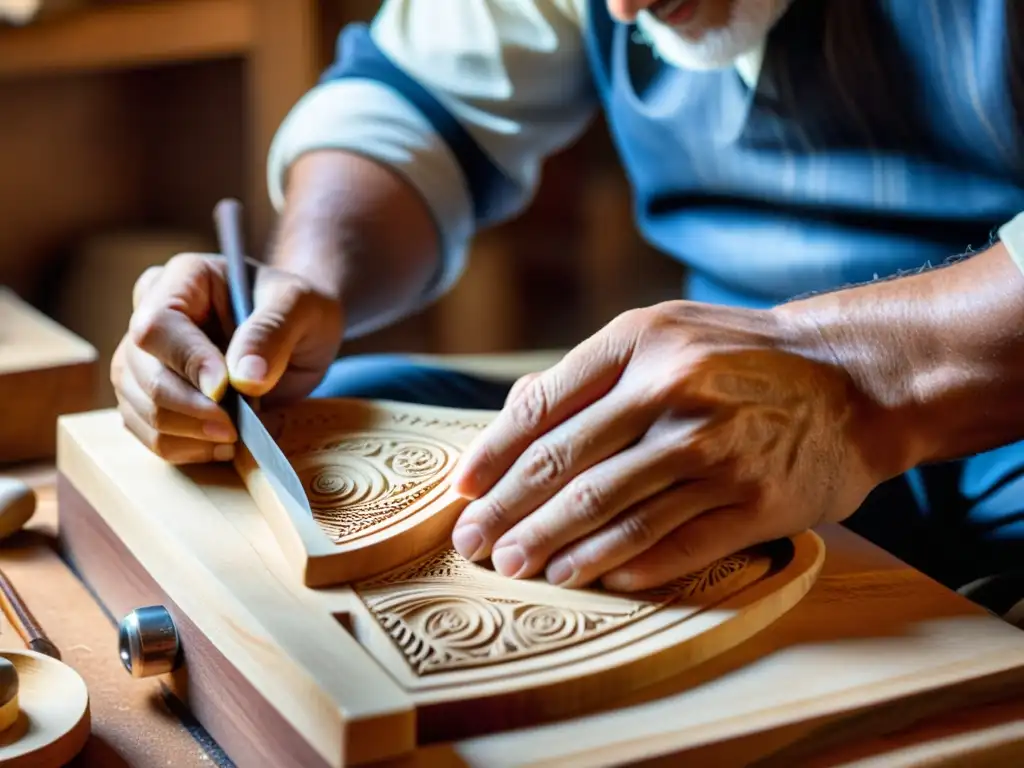 Un artesano experto talla con cuidado una hurdygurdy, resaltando la historia y la construcción de este instrumento de sonido único